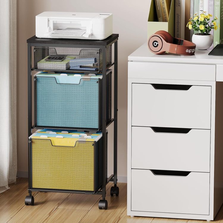 3 Drawer Mobile File Cabinet for Home Office, Rolling Filing Cabinet on Lockable Wheels, Hanging File Folders Organizer, Utility Cart Storage and Organizer, Printer Stand, Black - Image 2