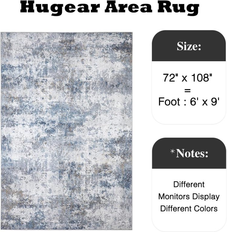 6x9 Washable Rugs Grey Blue Hallway Large Area Rug Indoor Accent Rug Abstract Non Slip Low Pile Carpet Distressed Throw Rug for Bedroom Living Room Office Dining Room Kitchen Laundry Room - Image 2