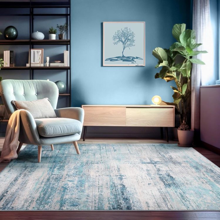 Abstract 5x7 Area Rug, Modern Throw Rugs for Living Room, Washable Soft Large Non-Slip Accent Carpet Floor Mat for Dining Room Office Bedroom - Abstract Teal/Grey