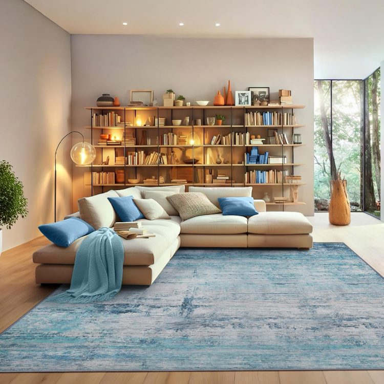 Abstract 5x7 Area Rug, Modern Throw Rugs for Living Room, Washable Soft Large Non-Slip Accent Carpet Floor Mat for Dining Room Office Bedroom - Abstract Teal/Grey - Image 3
