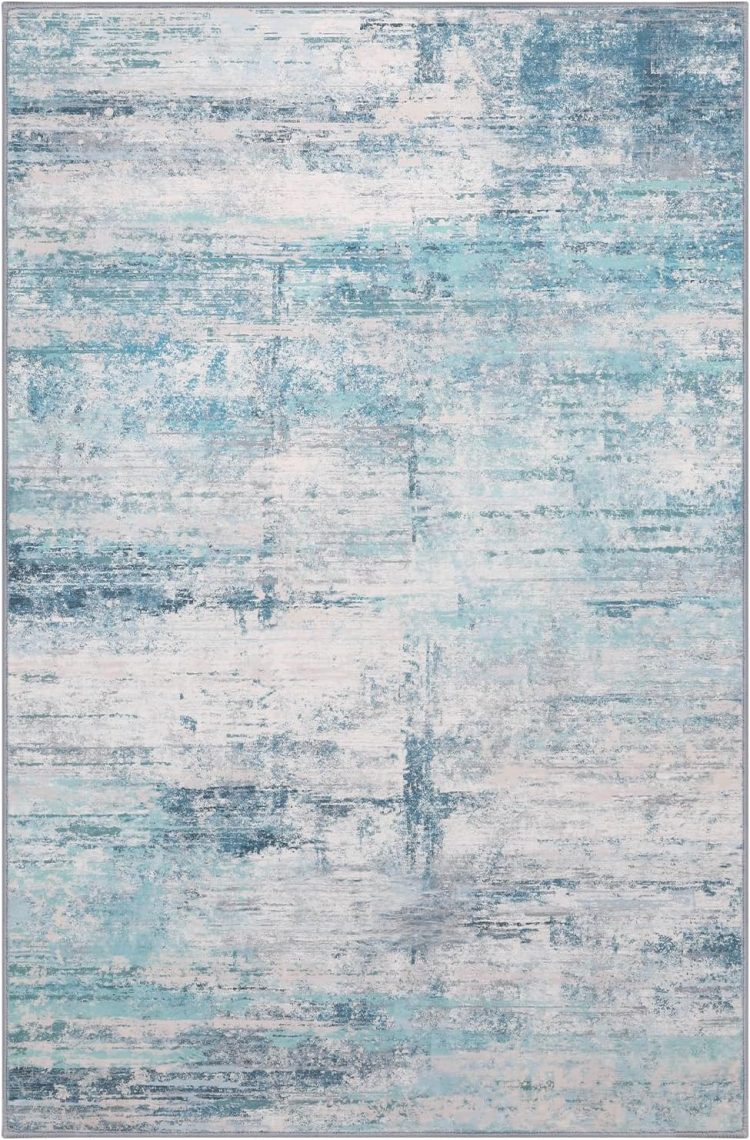 Abstract 5x7 Area Rug, Modern Throw Rugs for Living Room, Washable Soft Large Non-Slip Accent Carpet Floor Mat for Dining Room Office Bedroom - Abstract Teal/Grey - Image 4