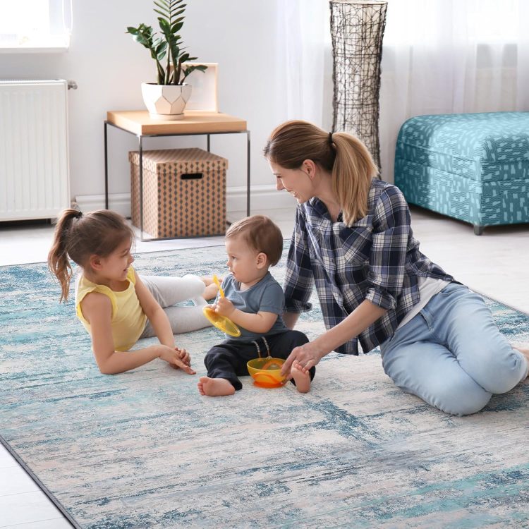 Abstract 5x7 Area Rug, Modern Throw Rugs for Living Room, Washable Soft Large Non-Slip Accent Carpet Floor Mat for Dining Room Office Bedroom - Abstract Teal/Grey - Image 8