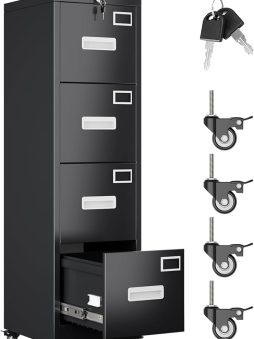 Aobabo File Cabinet 4 Drawer with Wheels, Lockable Office Metal Filing Cabinet with Name Card for Office and Home,Assembly Required,Black