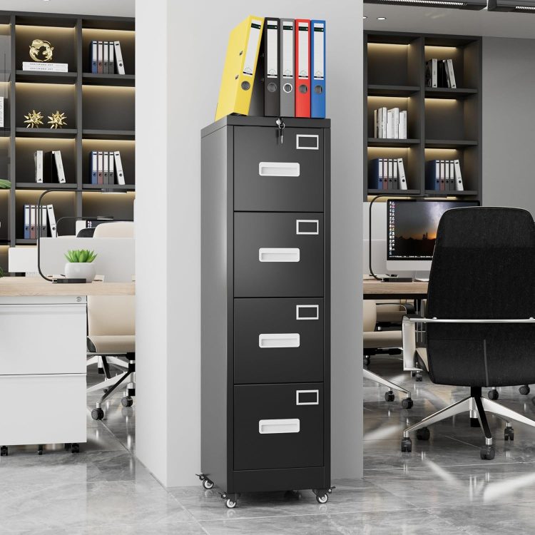 Aobabo File Cabinet 4 Drawer with Wheels, Lockable Office Metal Filing Cabinet with Name Card for Office and Home,Assembly Required,Black - Image 2