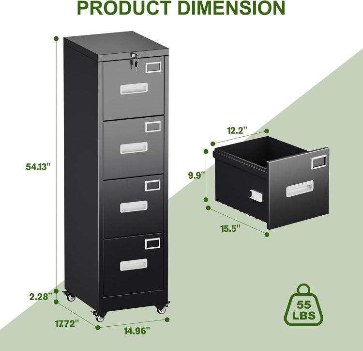 Aobabo File Cabinet 4 Drawer with Wheels, Lockable Office Metal Filing Cabinet with Name Card for Office and Home,Assembly Required,Black - Image 3