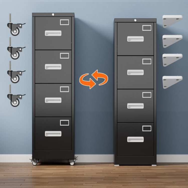 Aobabo File Cabinet 4 Drawer with Wheels, Lockable Office Metal Filing Cabinet with Name Card for Office and Home,Assembly Required,Black - Image 4