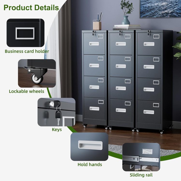 Aobabo File Cabinet 4 Drawer with Wheels, Lockable Office Metal Filing Cabinet with Name Card for Office and Home,Assembly Required,Black - Image 6
