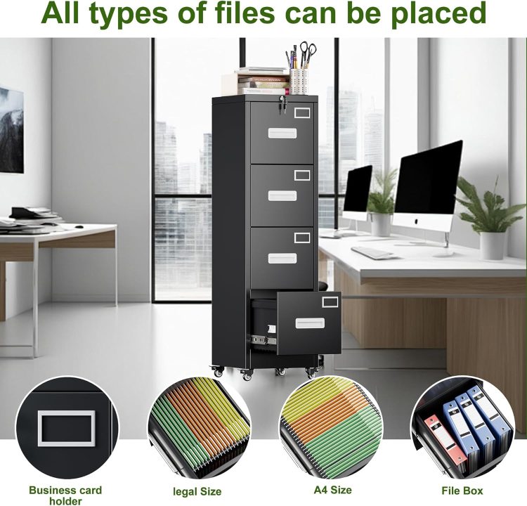 Aobabo File Cabinet 4 Drawer with Wheels, Lockable Office Metal Filing Cabinet with Name Card for Office and Home,Assembly Required,Black - Image 9