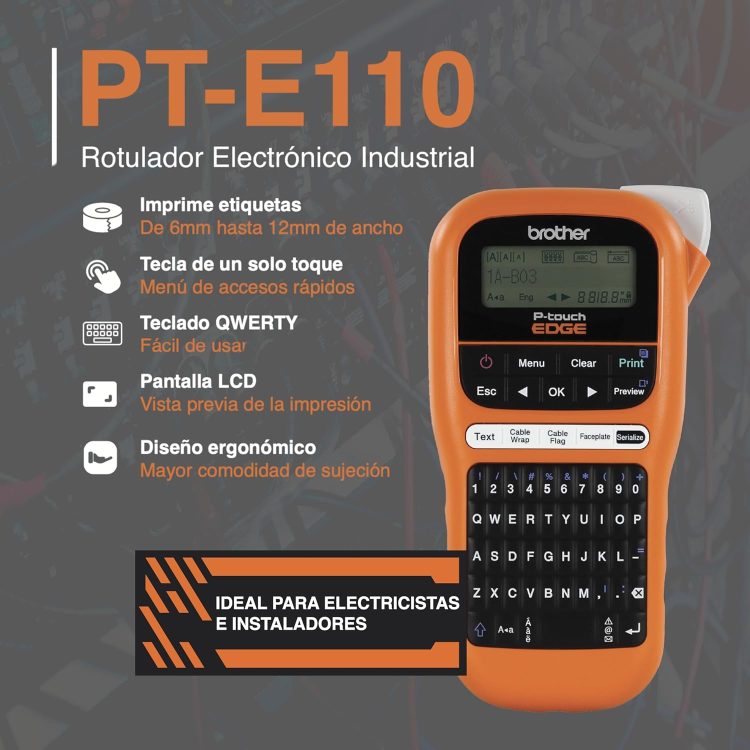 Brother PTE110 Entry Level Industrial Handheld Labeling Tool Kit - Up to 12mm Labels, Orange - Image 3