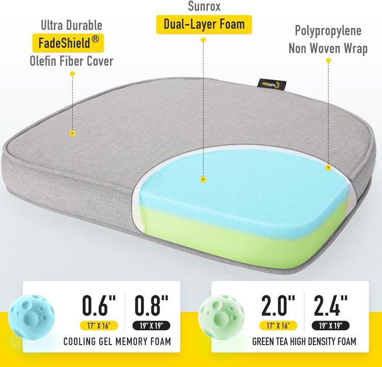 SUNROX Gel Memory Foam Chair Cushions, FadeShield Water-, Stain-Resistant Durable Reversible Seat Cushion Pads with Ties for Indoor/Outdoor Kitchen Dining Office, 17"x16", Set of 4, Heather Grey - Image 2